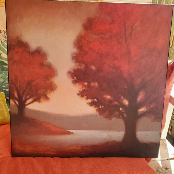 EUC!! Set of 2, 20x20" Wall Art. Trees Water Hill. Serene. Warm.   Easy hang. - Picture 3 of 4